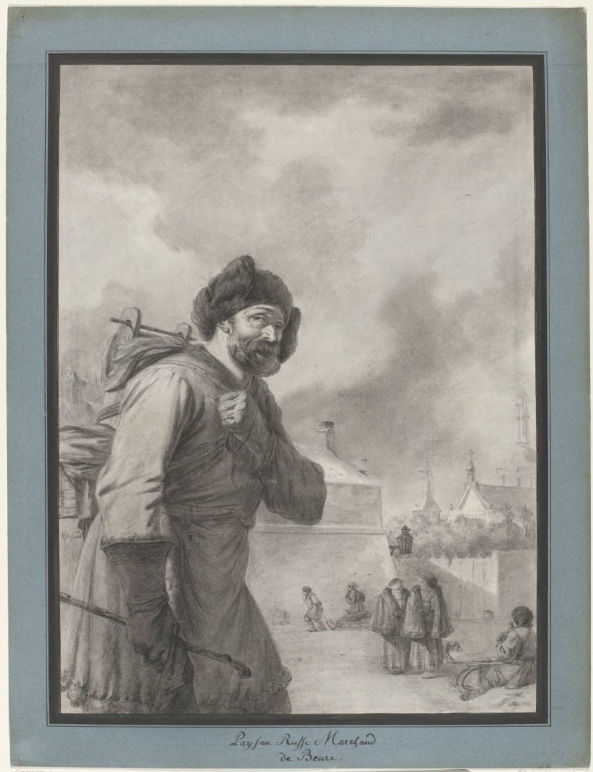Russische boer met vaatje op de rug
