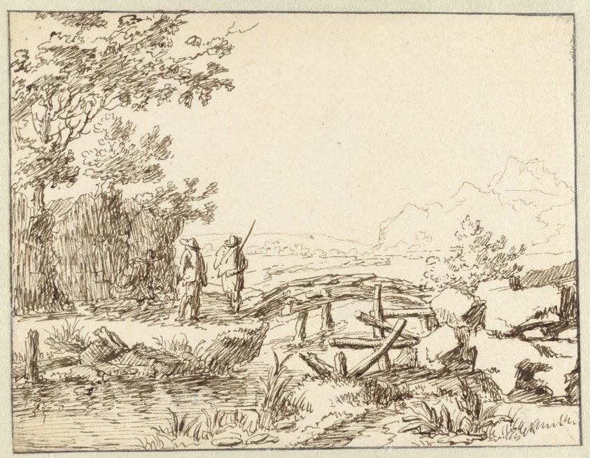 Drie mannen bij een brug