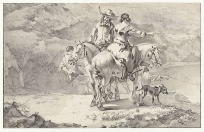 Couple on Horseback at a Mountain Lake