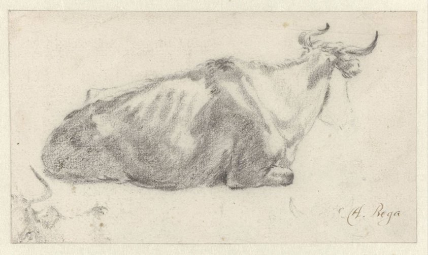 Recumbent Cow Facing Right, with Fragment of a Cow’s Head