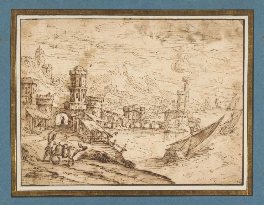 Stad aan een baai; rechts uitvarende galeien