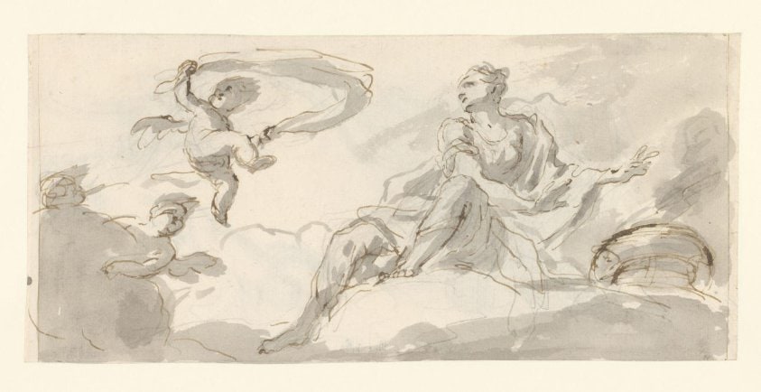 Vrouw en putti in de wolken