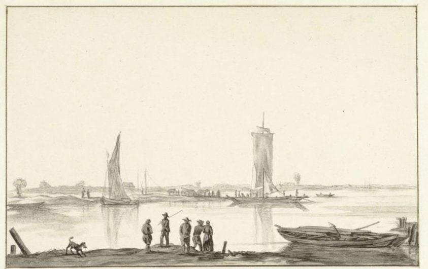 Rivierlandschap met vijf mensen en een hond