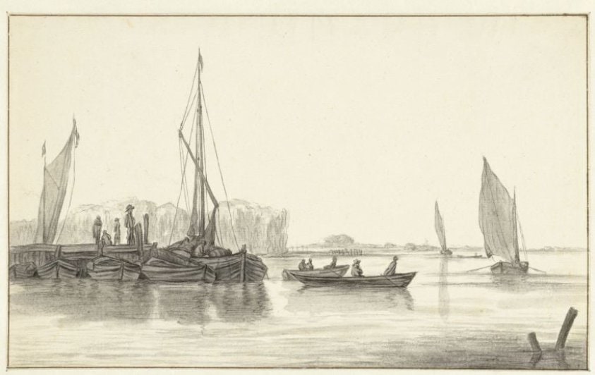 Rivierlandschap met een aanlegsteiger met boten