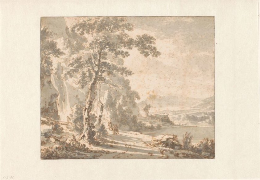 Mountain Landscape with Travellers near a Waterfall