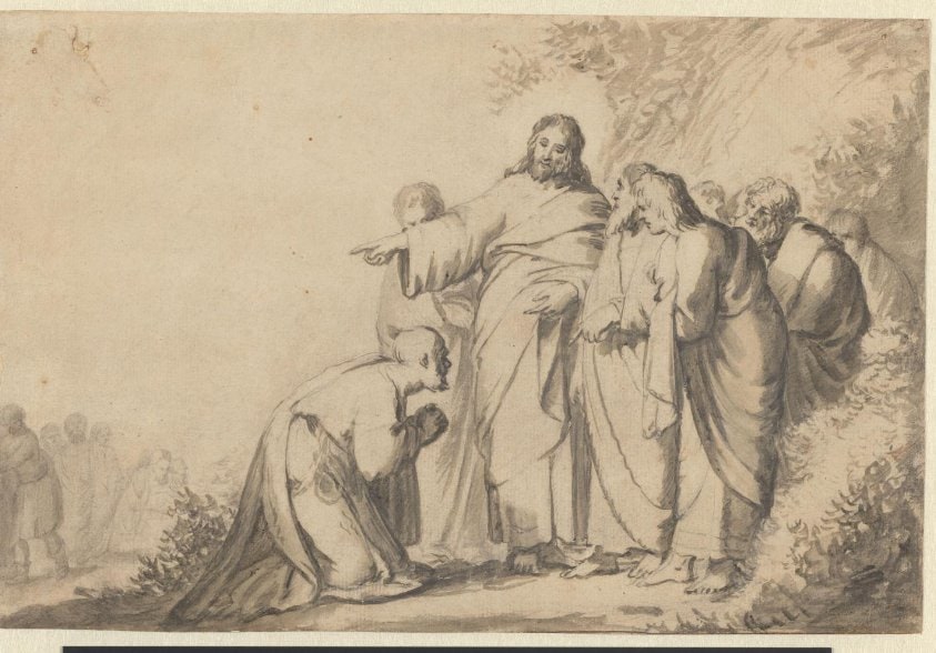 Christus met een knielende man en zijn discipelen