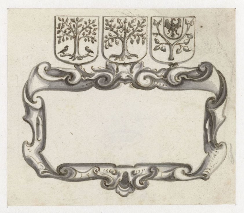 Cartouche onder drie wapenschilden met bomen