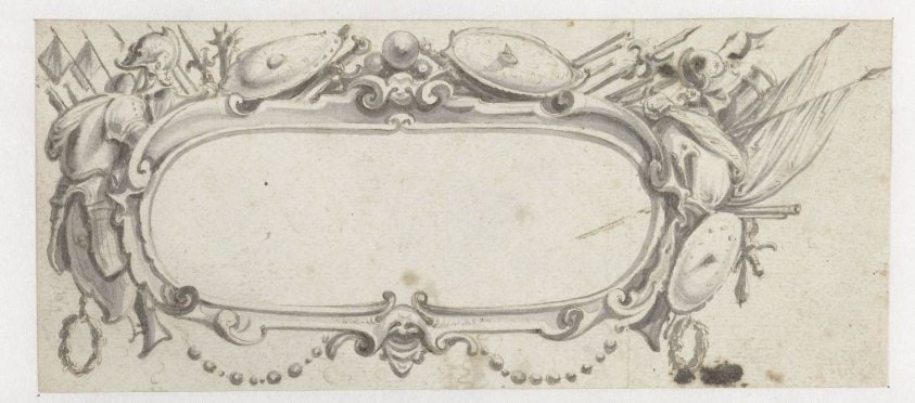 Ovale cartouche omringd met wapentuig