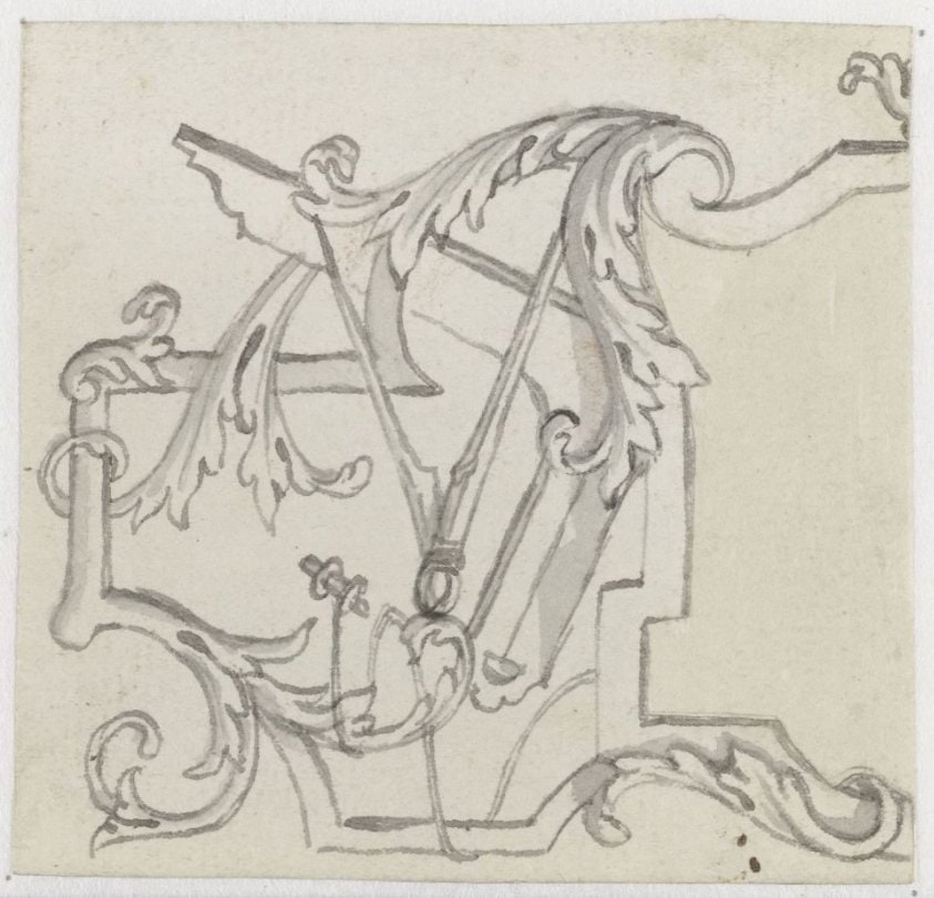 Ornament met ranken, een passer en een winkelhaak