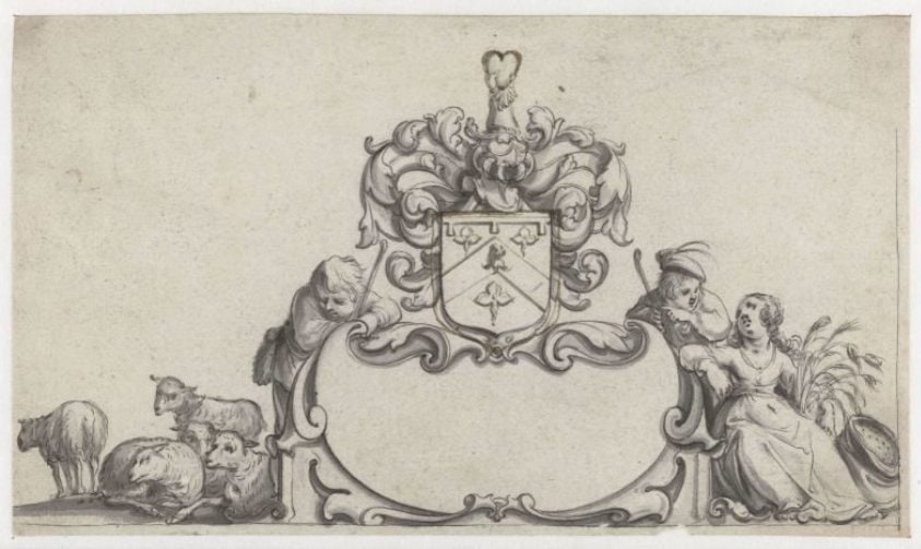 Cartouche met het wapen van James Balfour of Denmiln