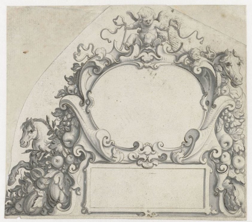 Twee cartouches met een putto bovenaan