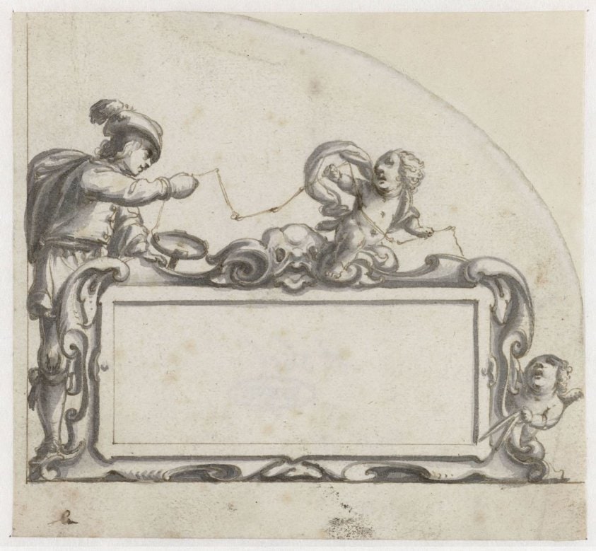 Cartouche omgeven door een man en twee putti