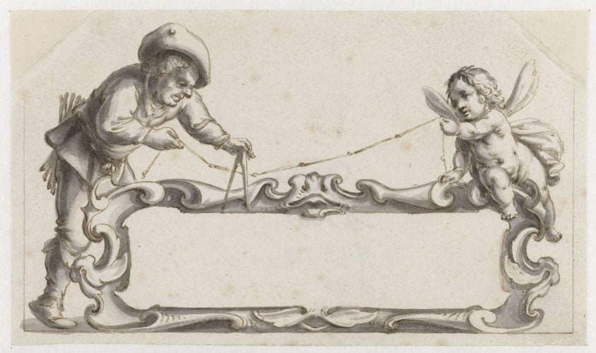 Cartouche omgeven door een man en een putto