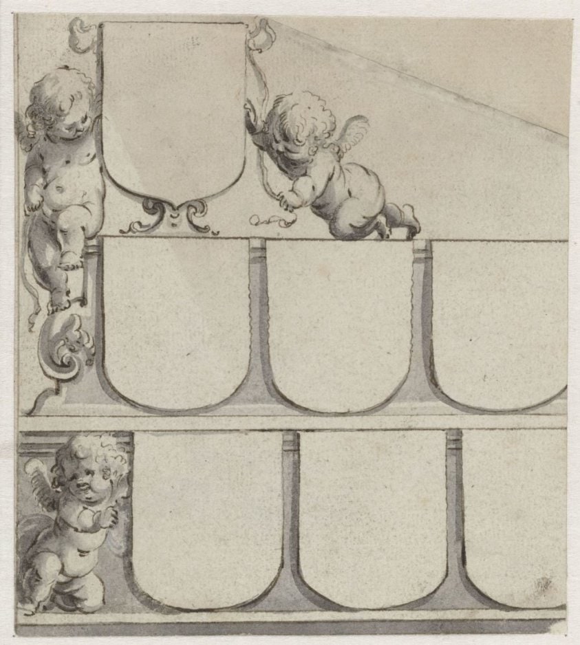 Drie putti met zeven blanco wapenschilden
