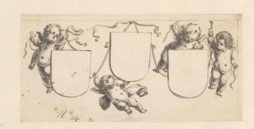 Vier putti met drie wapenschilden