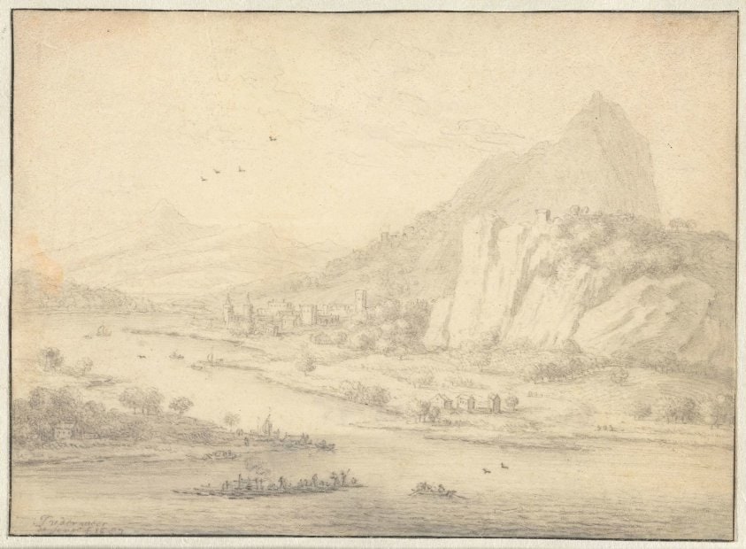 Mountainous River Landscape with Boats