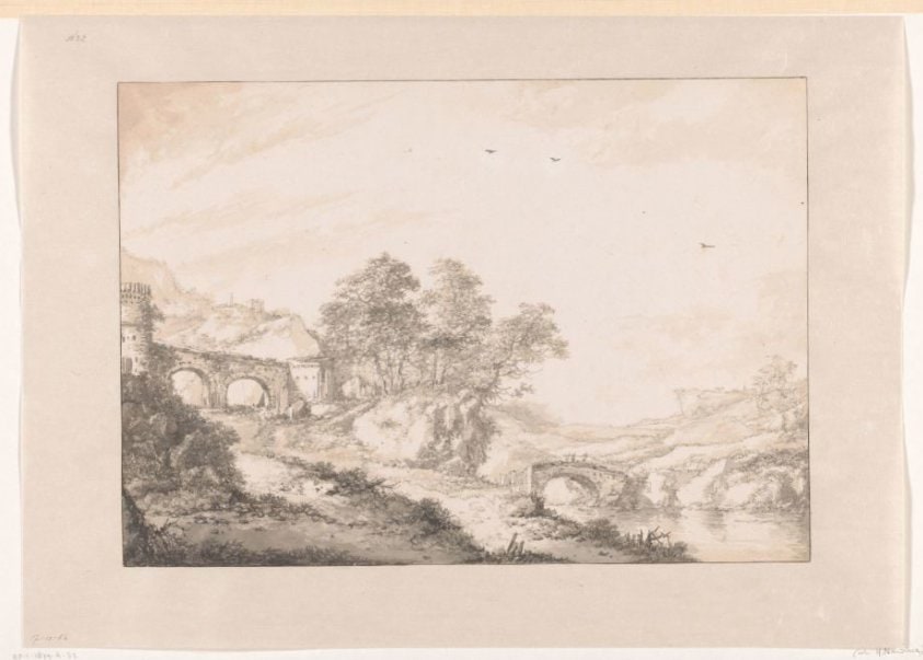 Bergachtig landschap met een stenen brug en muur