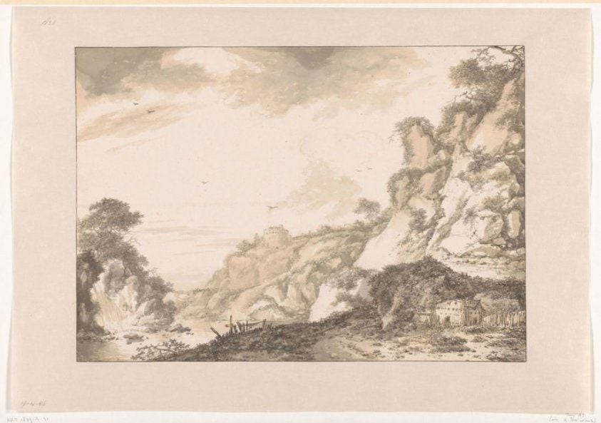 Bergachtig landschap met rechts een boerderij