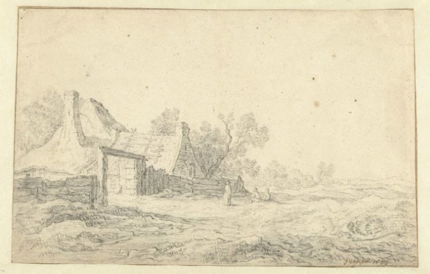 Duinlandschap met drie figuren voor een boerderij