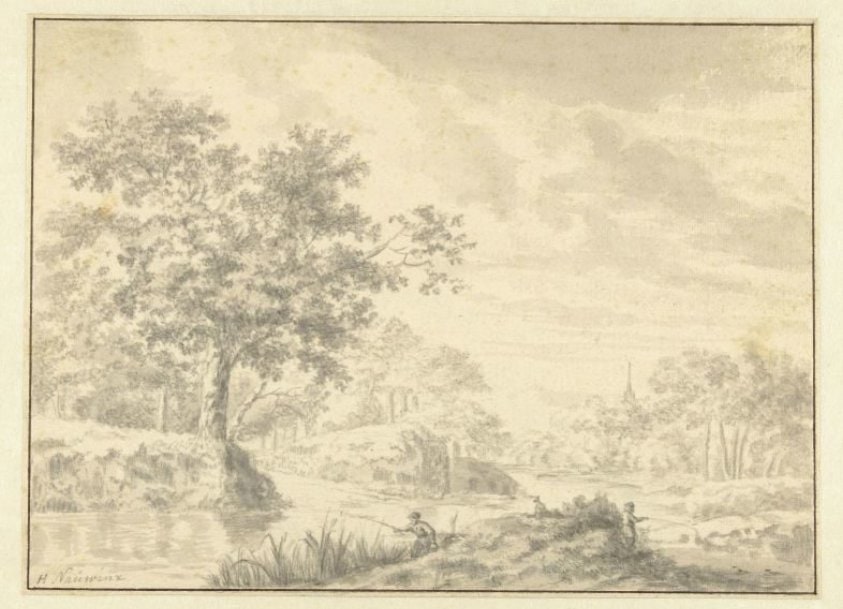 Bebost rivierlandschap met twee hengelaars