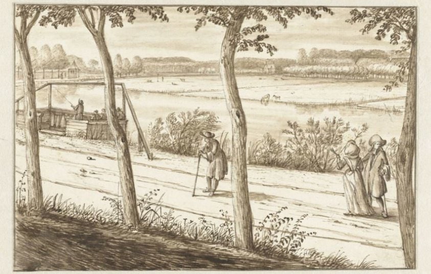 View along the River Vecht, near Maarssen, with a Docking Station, Three Figures in the Foreground and the Country Estate of Vechthoven in the Distance