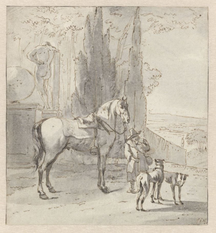 Man met een paard en twee honden bij een park