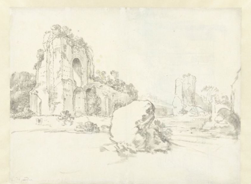 View of the Baths of Caracalla, Rome, with a Large Boulder in the Foreground / verso: View of Classical Ruins