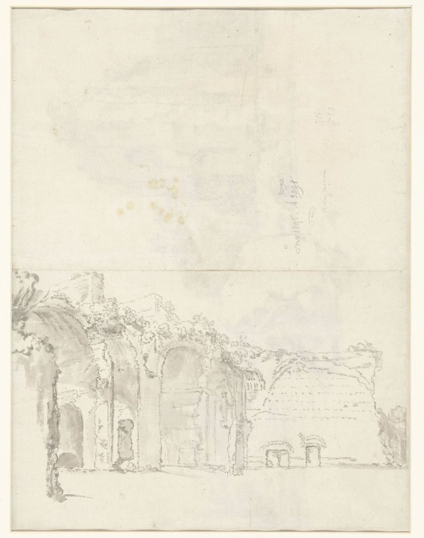 View of Classical Ruins / recto: View of the Baths of Caracalla, Rome, with a Large Boulder in the Foreground