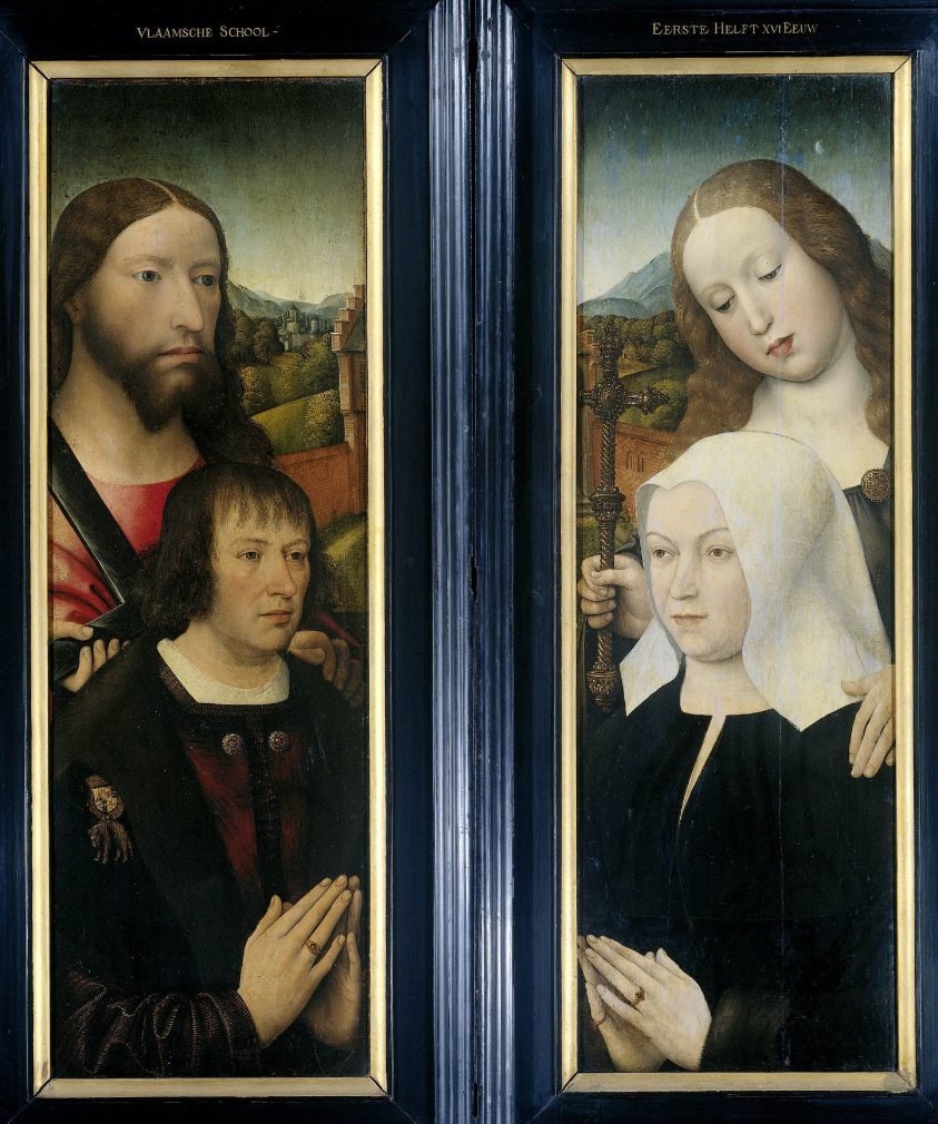 Two Wings of a Triptych with the Donor, Thomas Isaacq, accompanied by Saint Thomas (left, outer wing), and the Donor's Wife accompanied by Saint Margaret (right, outer wing)