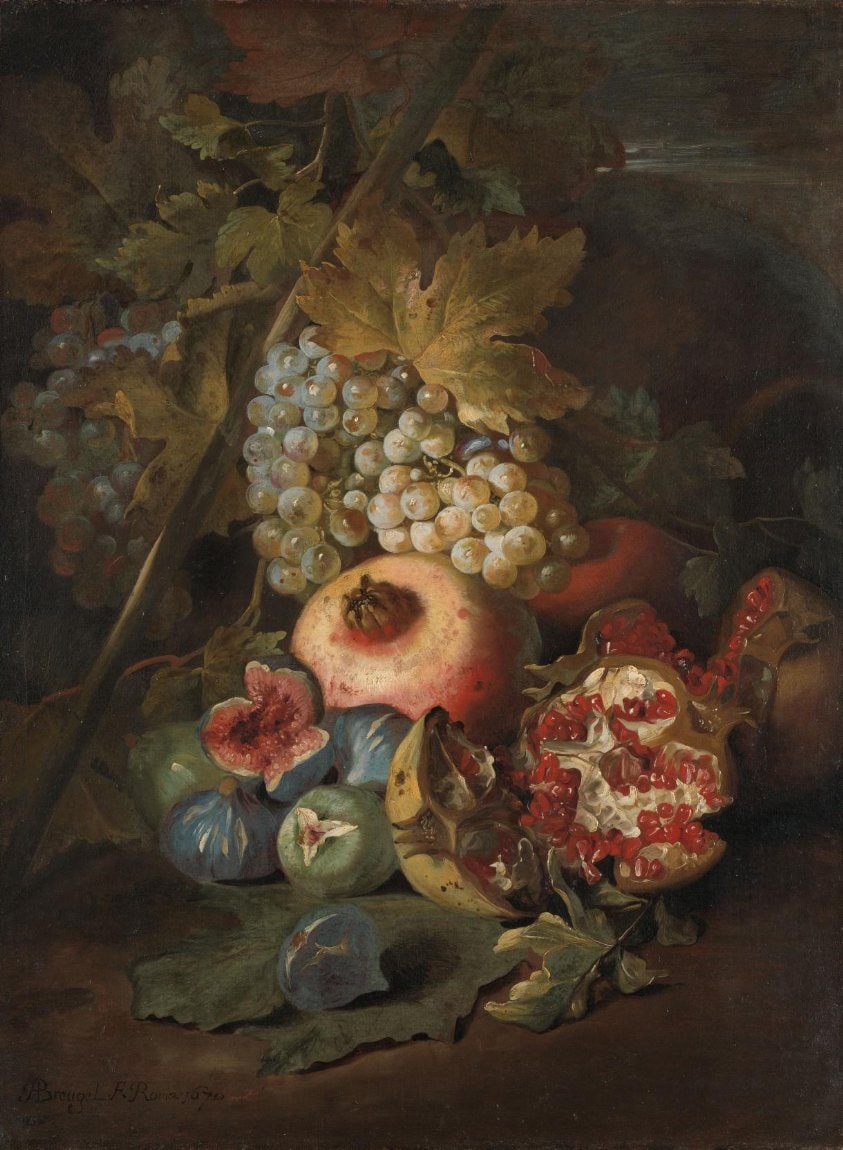 Bunches of Grapes, Pomegranates and Figs in a Landscape
