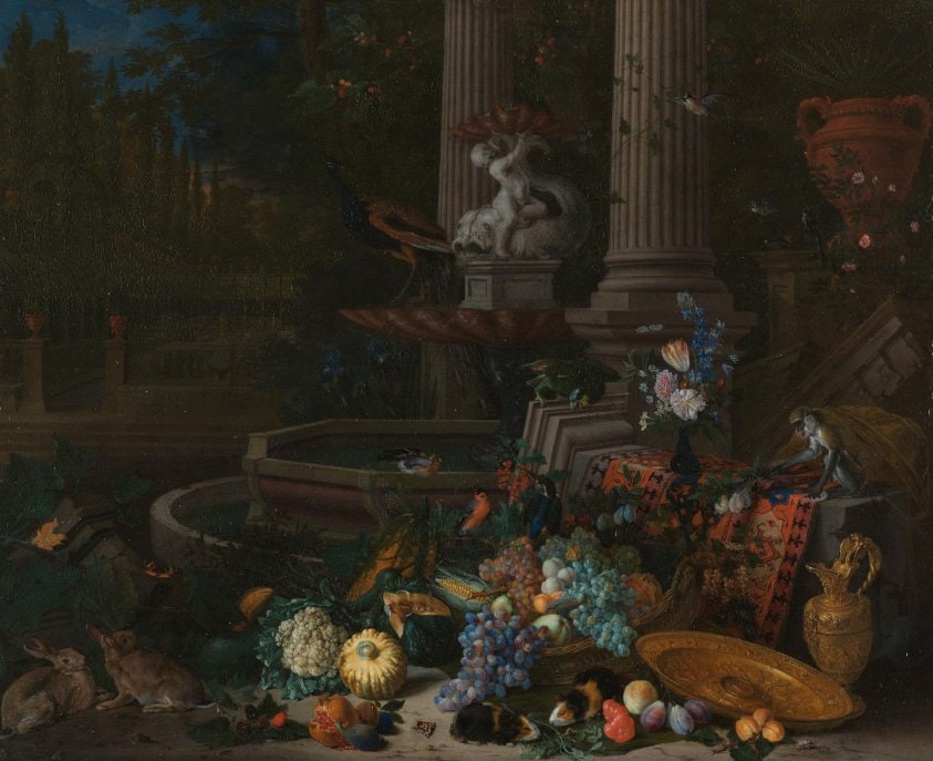 Still Life with Vegetables before a Draped, Overturned Plinth by an Ornamental Fountain