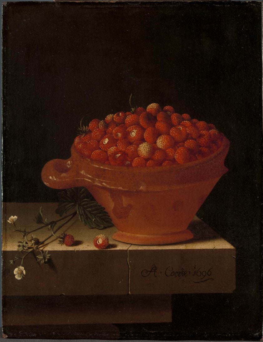 A Bowl of Strawberries on a Stone Plinth