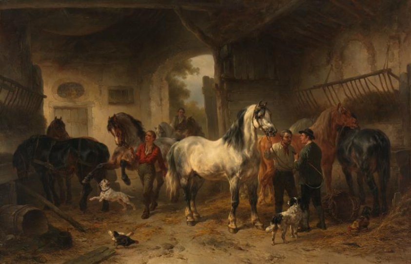 Interieur van een stal met paarden en figuren