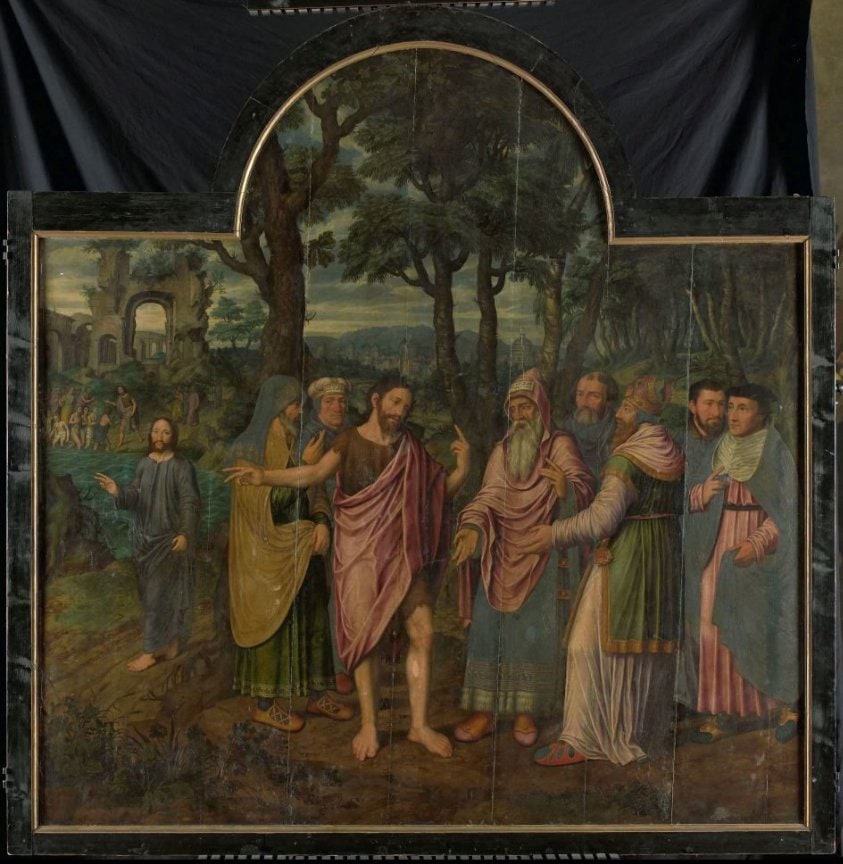 Johannes de Doper vermaant de Farizeeërs, middenpaneel van een drieluik