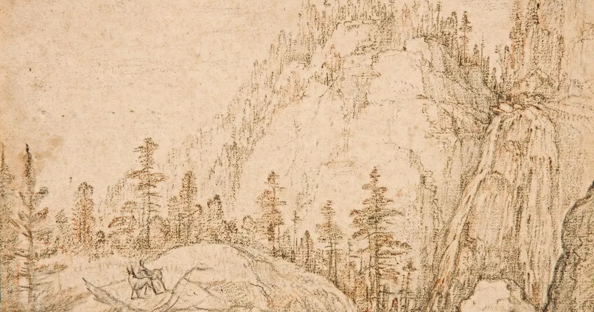 A mountainous wooded landscape with two chamois, a waterfall to the right