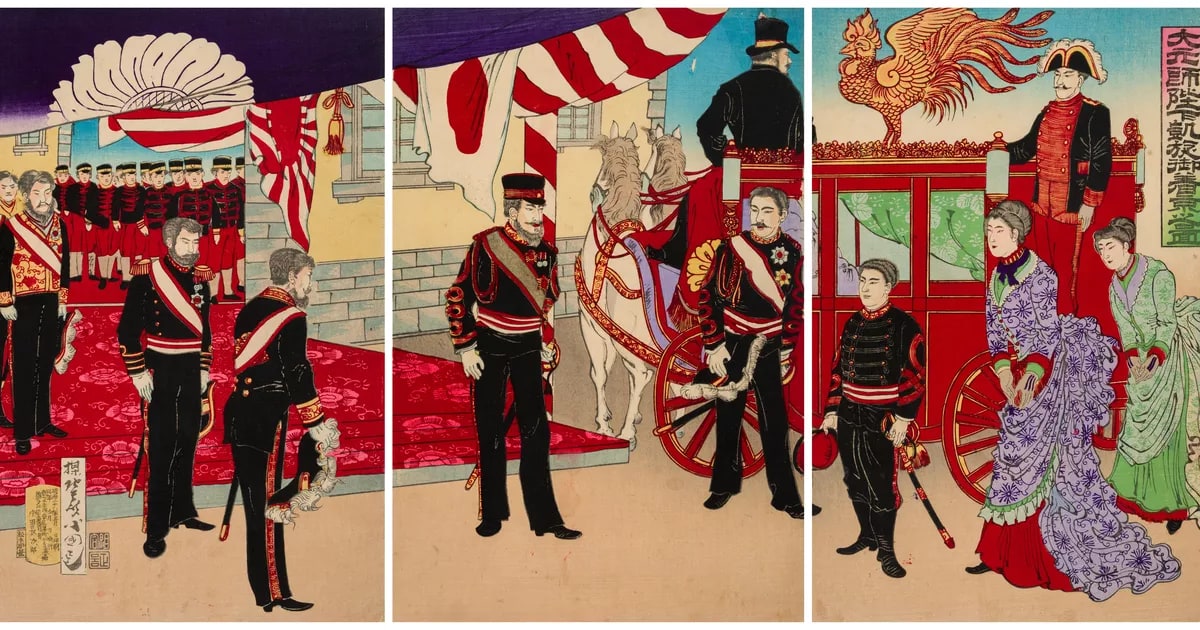 His Imperial Majesty, the Commander-in-Chief, Arriving in the Capital in Triumph (Daigenshi heika gaisen gochakkyô no zu)