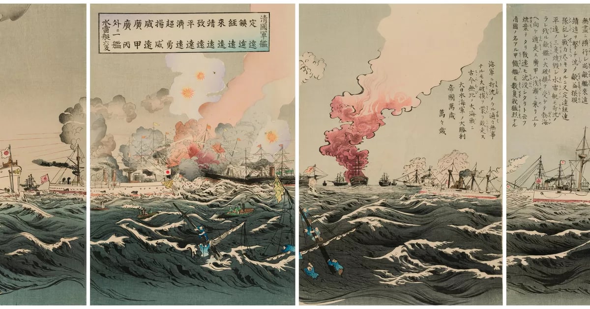 Japanese victory at the naval battle off Dagu Mountain (Nisshin kaisen Daikozan oki daigekisen Nihon kaigun daishōri no zu)