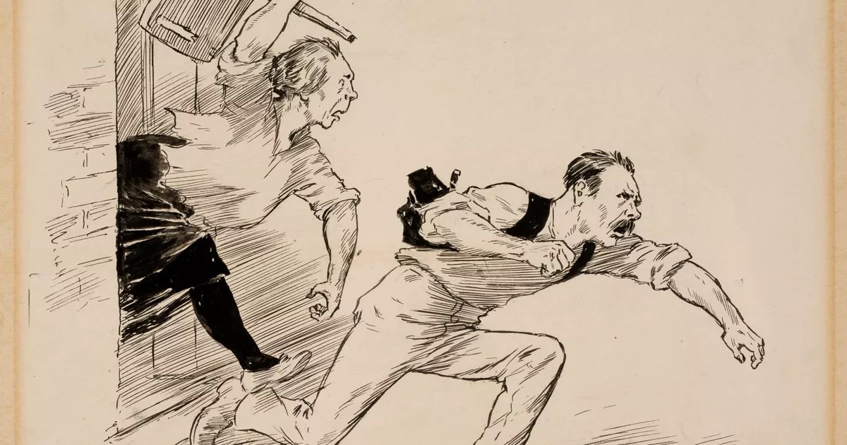 Man running from woman wielding a chair