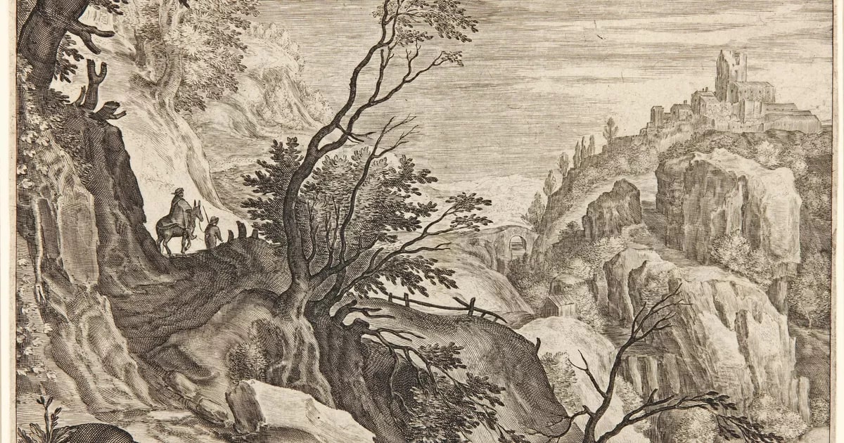 Mountainous landscape with travellers