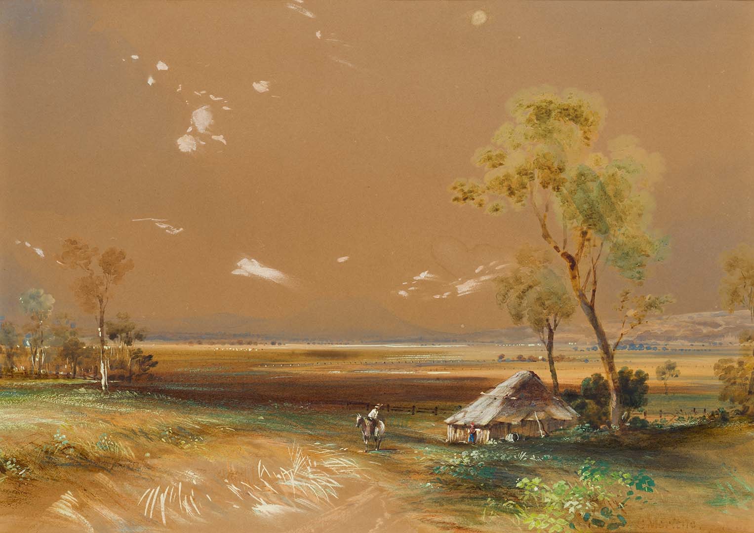 The bark hut on the plain, Darling Downs, Qld., Mount Sturt from Glengallan c.1850s