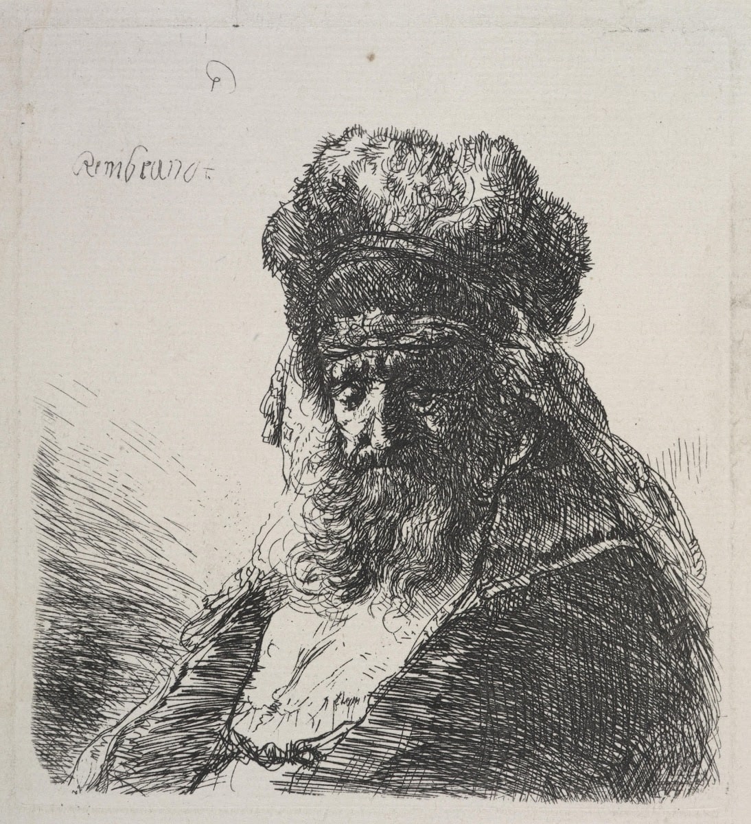 Bearded old man in a high fur cap, with eyes closed.