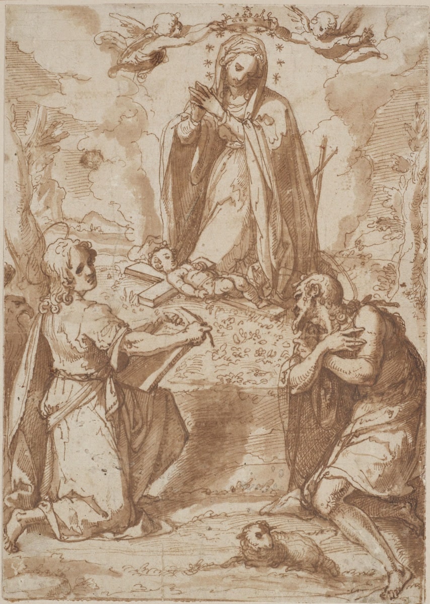 The Virgin adoring the Christ Child on the Cross with St John the Baptist and an angel