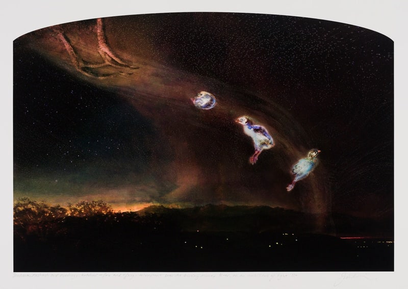 Shadrach, Meshach and Abednego, hatched in fire and lifting, triumphant over the burning Murray River, on an umbilicus of light