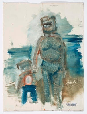 Detail - A Person Looks At A Work Of Art/ someone looks at something . . . LOGOS / HA HA (Ned Kelly and Mickey Mouse in the style of Sidney Nolan)