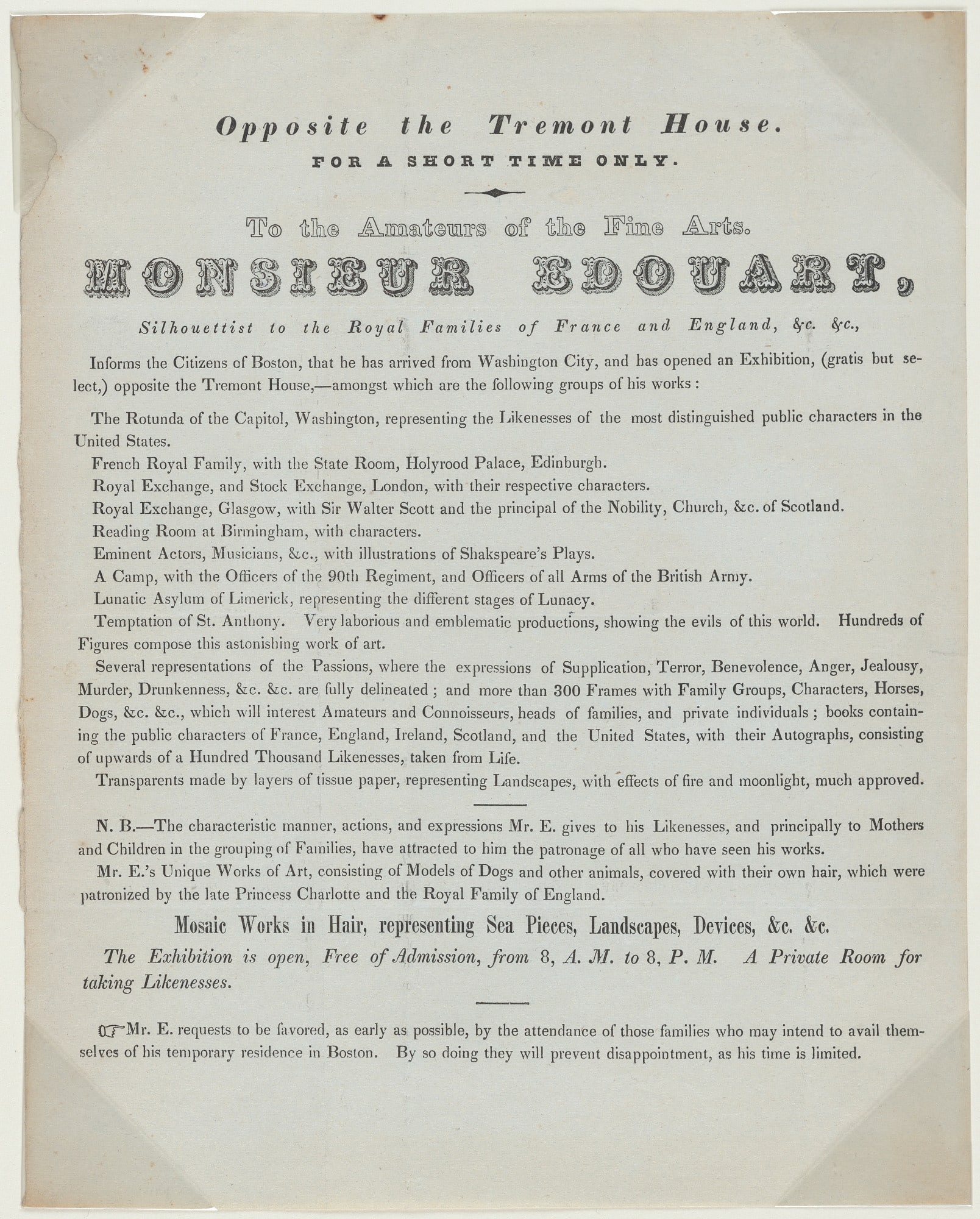 Edouart advertisement: "Opposite the Tremont House..."