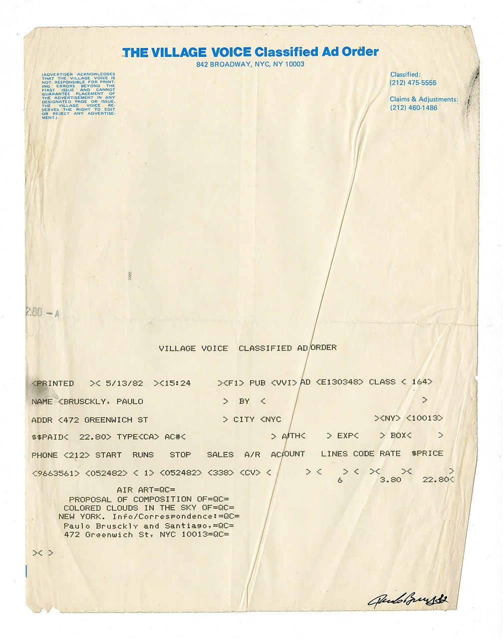 Artearonimbo (Village Voice Receipt)
