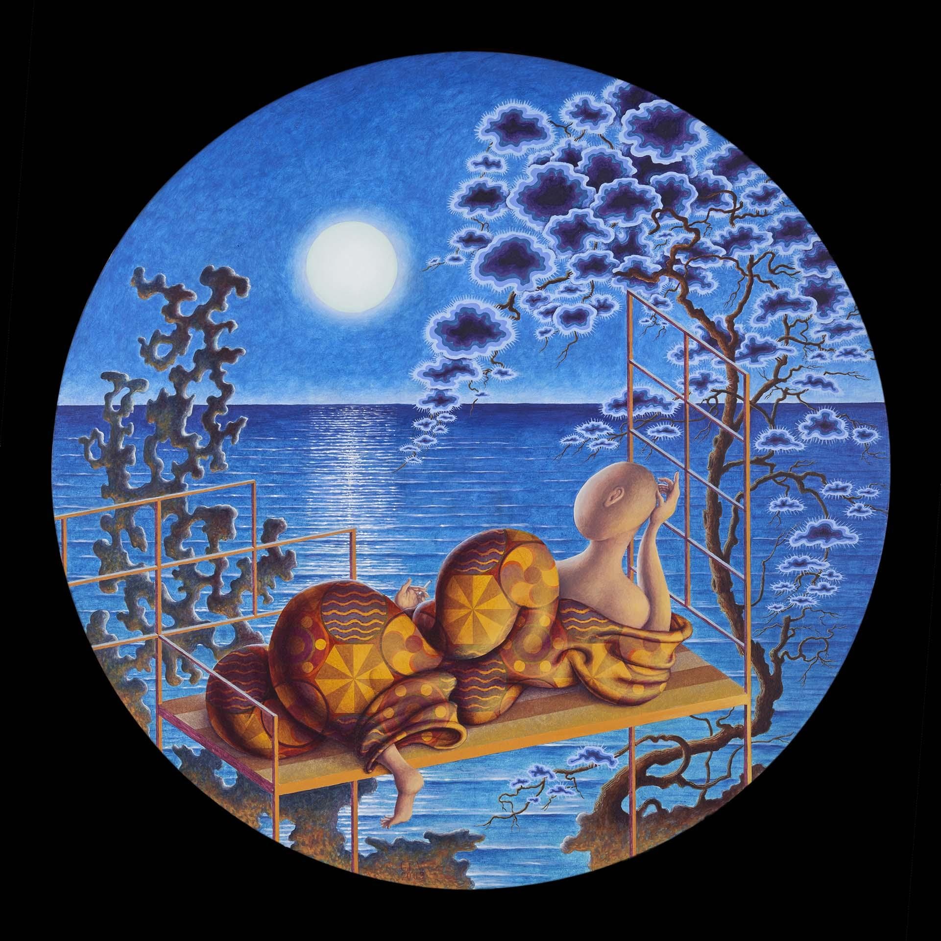 Artista meditando mientras contempla la luna