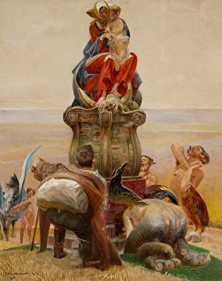 Adoration of Madonna, central section of the triptych “Go to the streams”