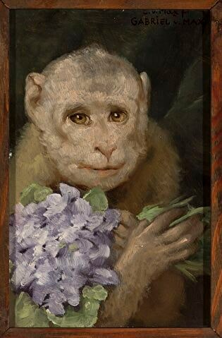 Monkey with a bouquet of violets