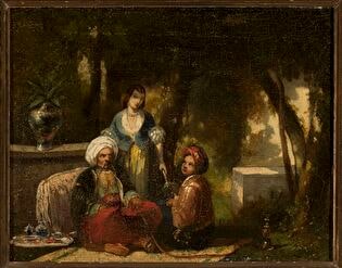 Man with a narghile against forest landscape